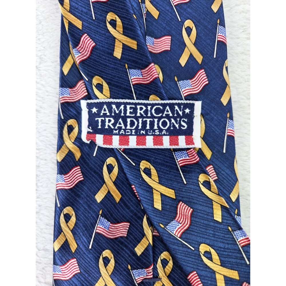 American Traditions USA Made Silk Tie Gold Ribbon American Flag Patriotic Navy - Picture 4 of 9